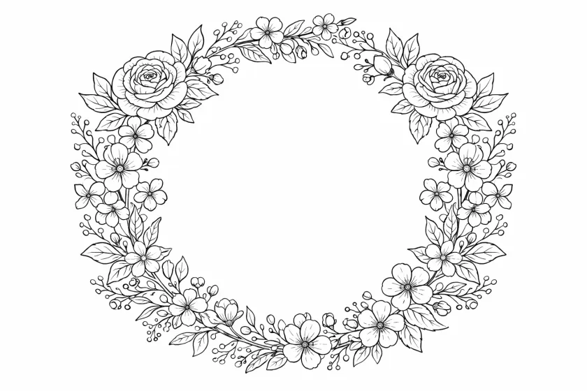 floral wreath coloring page for adults circular botanical flower arrangement