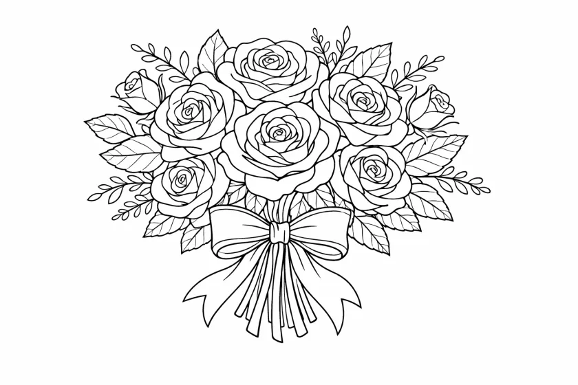rose bouquet floral coloring page for adults detailed rose flowers botanical illustration