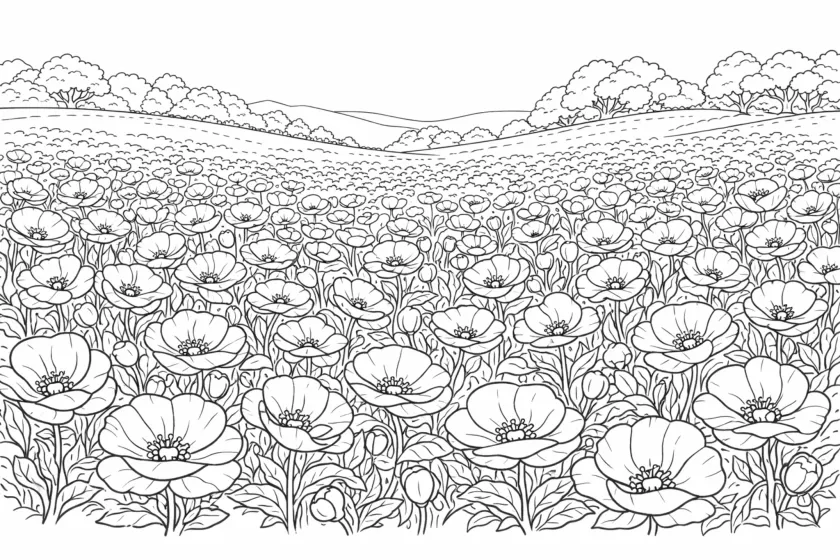 poppy flower field coloring page for adults blooming poppy garden landscape