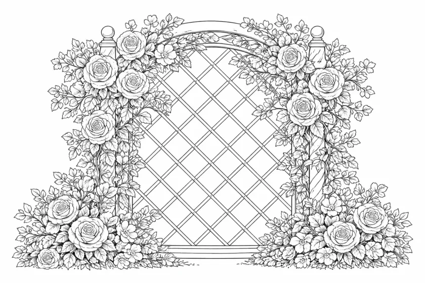 garden roses trellis coloring page for adults climbing rose vines botanical scene