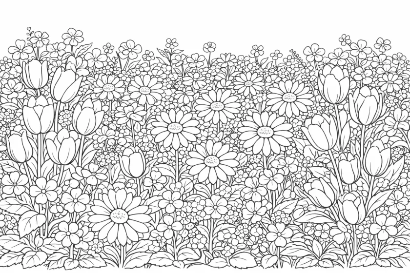 spring garden flowers coloring page for adults mixed spring floral illustration