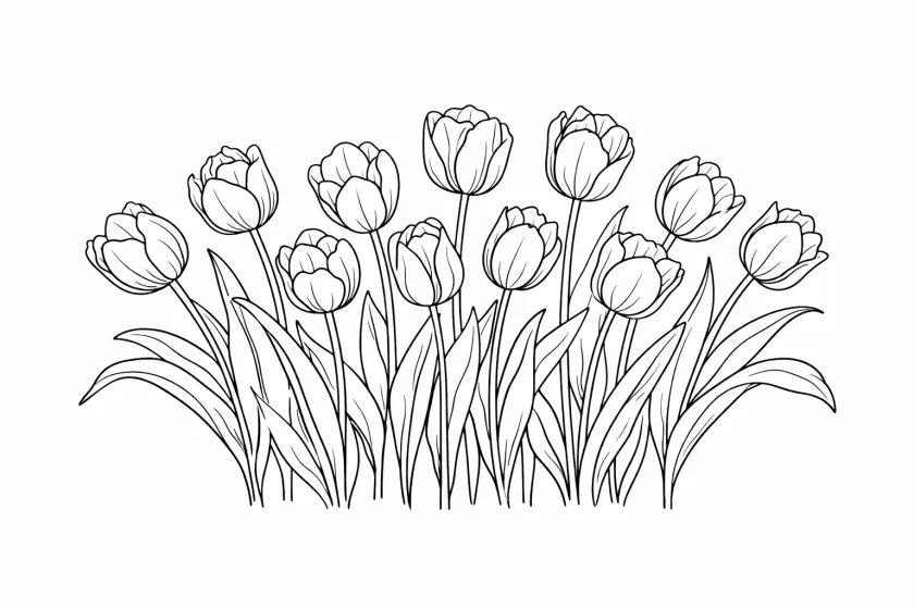 tulip arrangement coloring page for adults elegant spring tulip floral illustration
