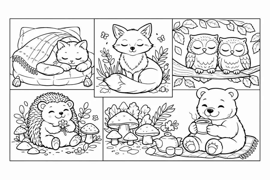 free printable cute animal coloring page for adults cozy forest animals cat fox owl hedgehog relaxing design