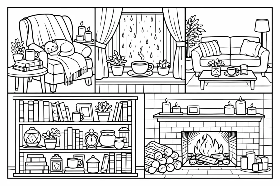 free printable cozy home coloring page for adults relaxing interior scene with fireplace books and cat
