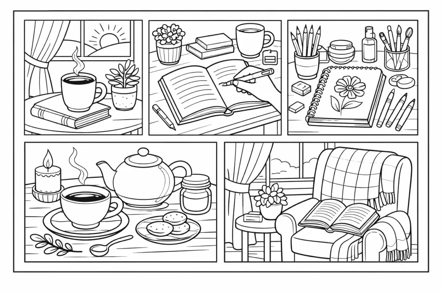 free printable mindful coloring page for adults cozy daily life scenes coffee journaling reading relaxing self care