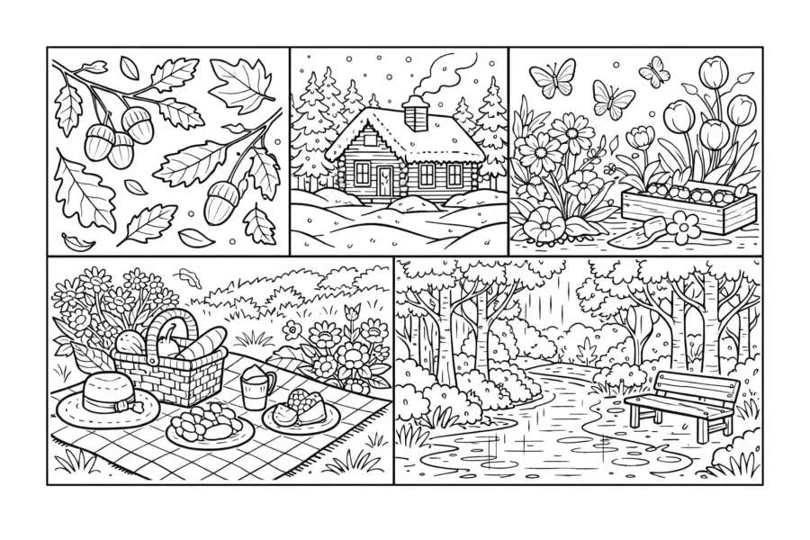 free printable seasonal coloring page for adults autumn winter spring summer cozy relaxing scenes nature landscapes