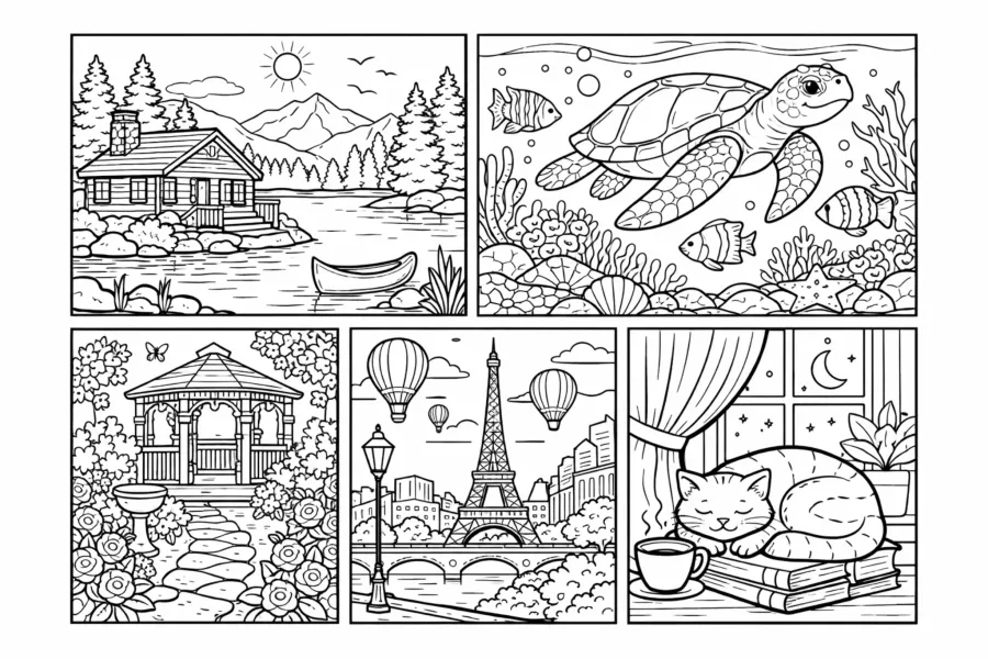 free printable cozy comfort objects coloring page for adults books candles tea plants relaxing aesthetic scene