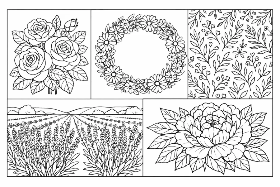 free printable floral coloring page for adults botanical flowers roses peonies leaves relaxing design