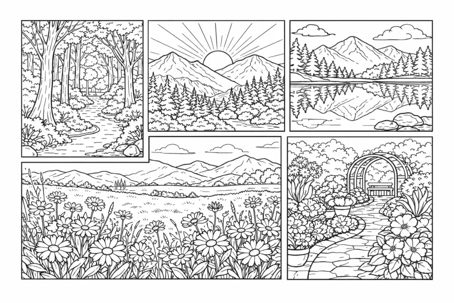 free printable nature landscape coloring page for adults forest mountains lake scenery relaxing outdoor scene