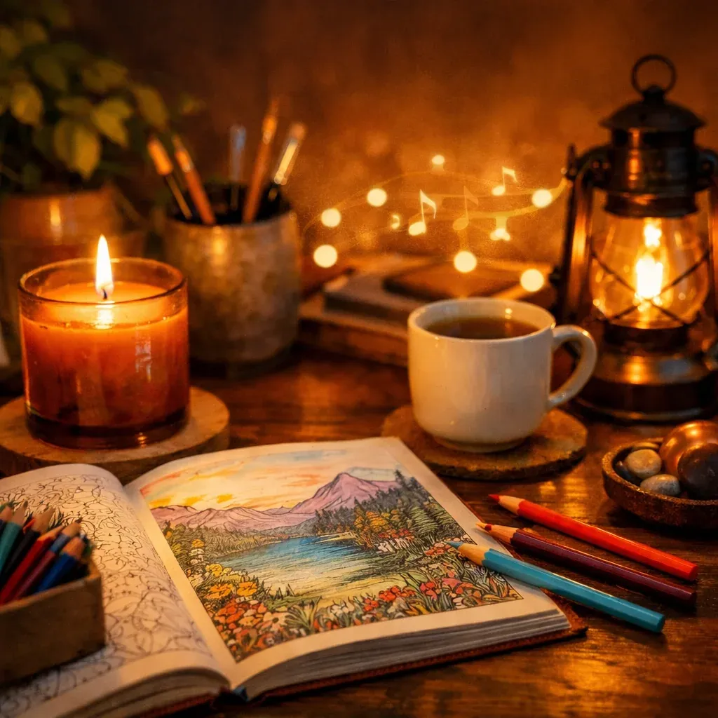 cozy coloring setup with candle warm lighting relaxing environment