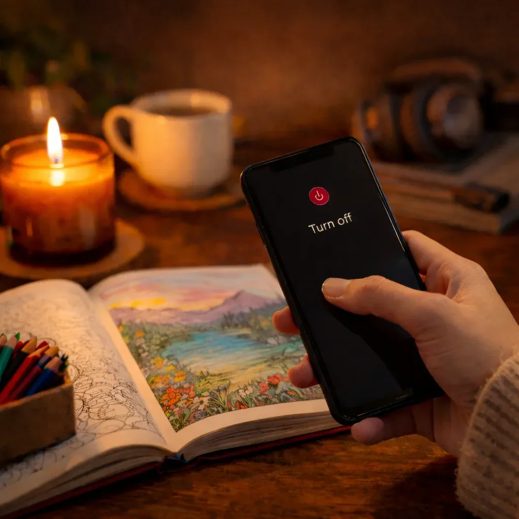 person turning off phone to focus mindful coloring
