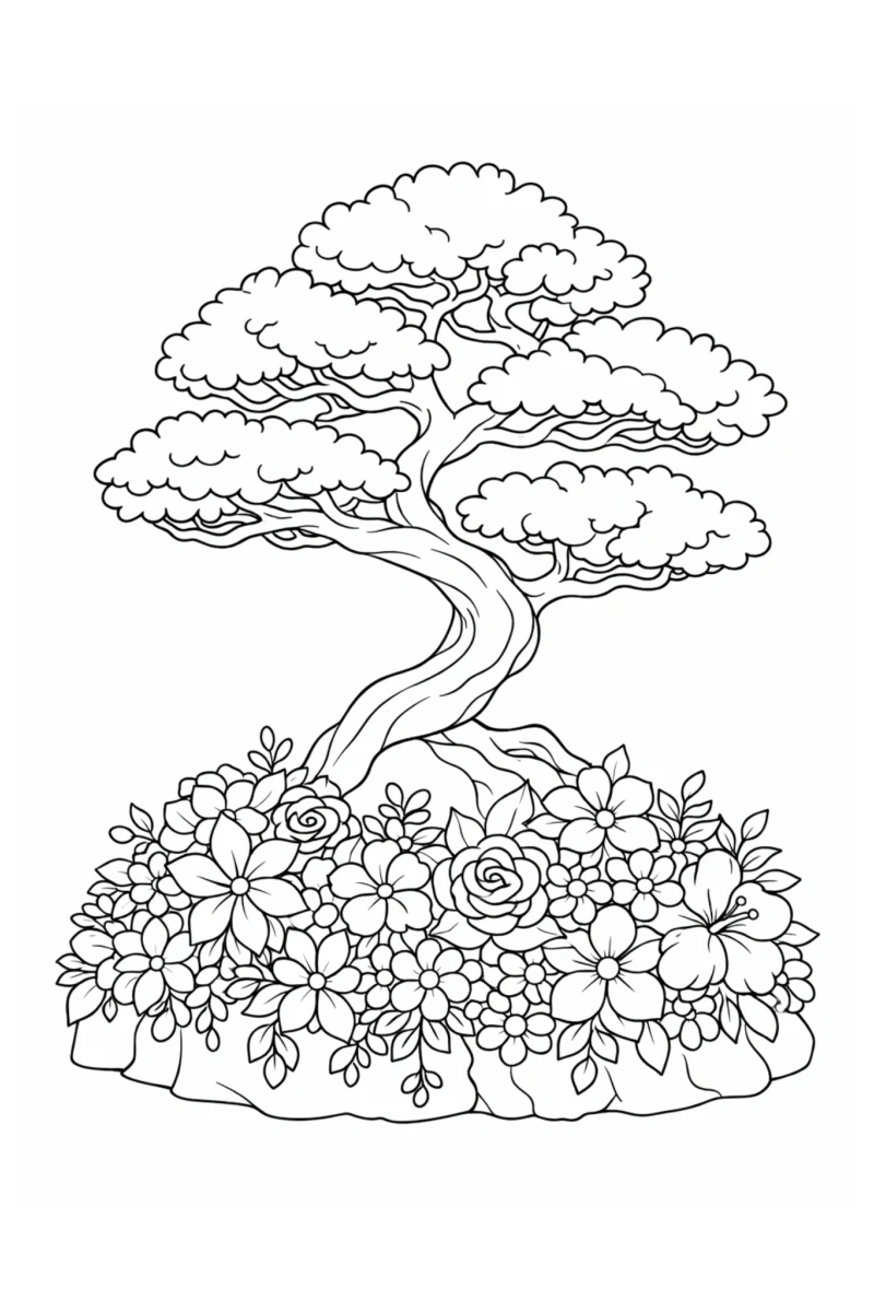 bonsai tree flower coloring page printable for relaxation