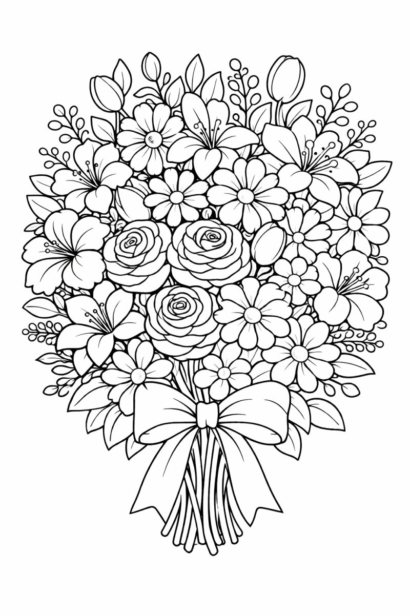 floral bouquet coloring page with bow printable
