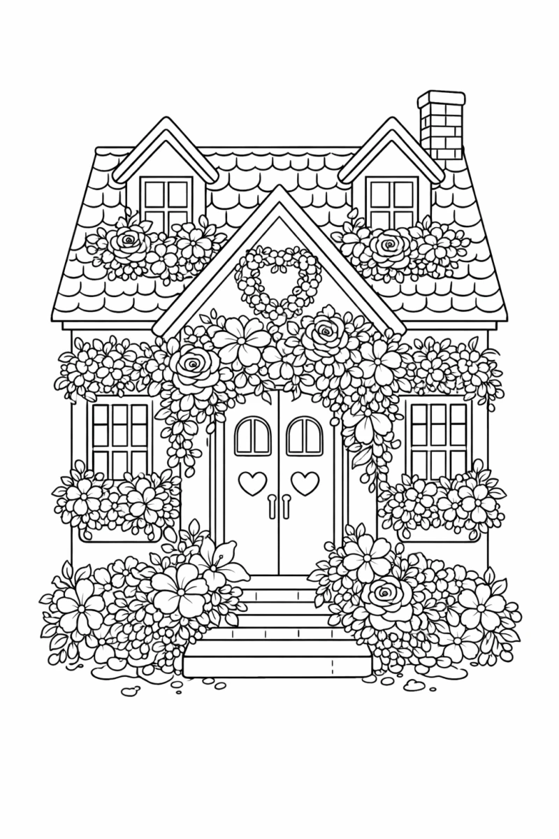 flower house coloring page printable for adults relaxation