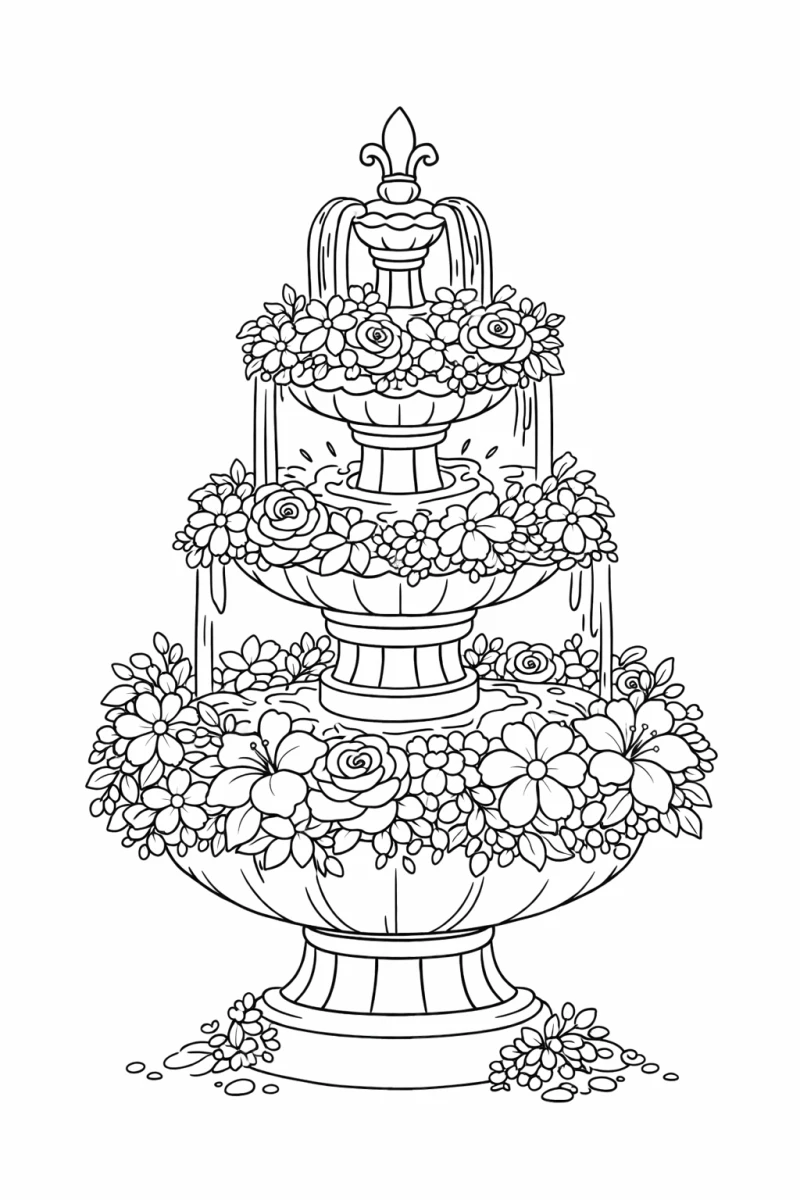 french floral fountain coloring page printable