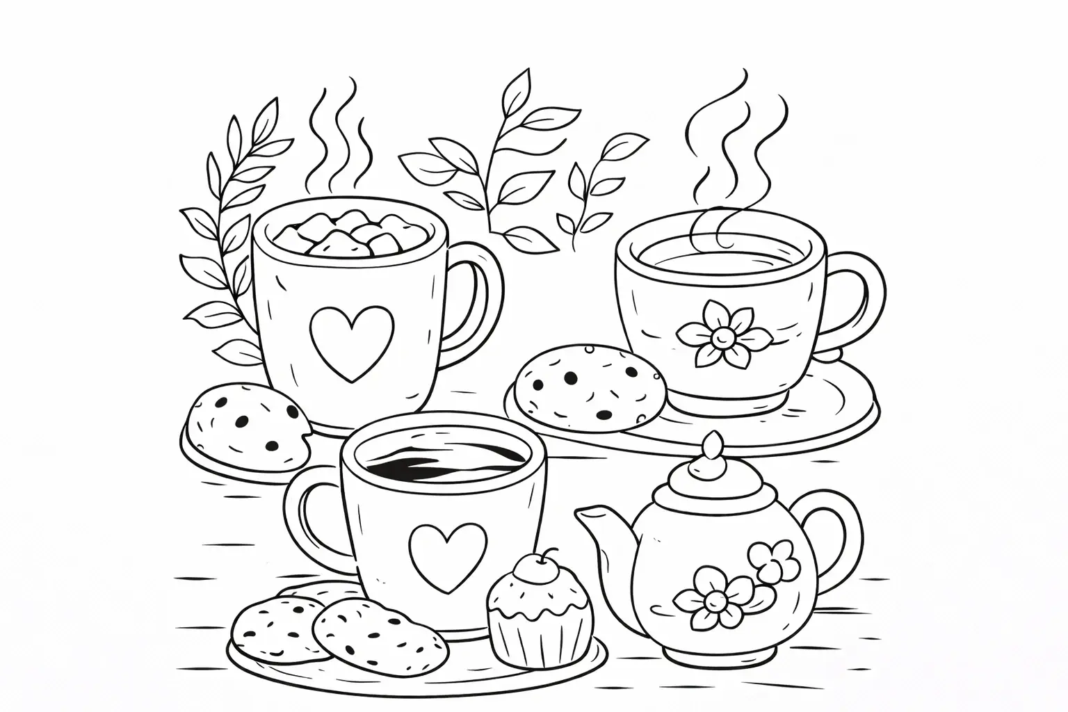 warm drinks coloring page with tea coffee and desserts