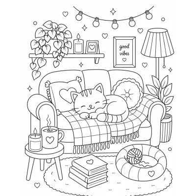 Cozy cat coloring page printable for relaxation