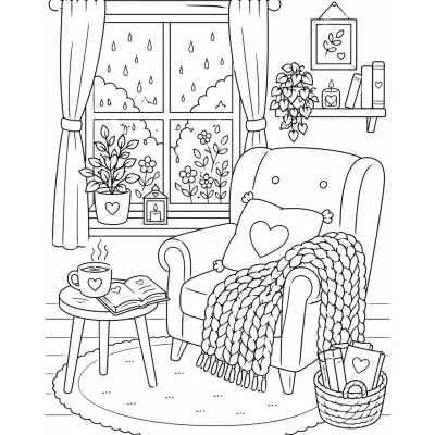 Cozy window coloring page for stress relief