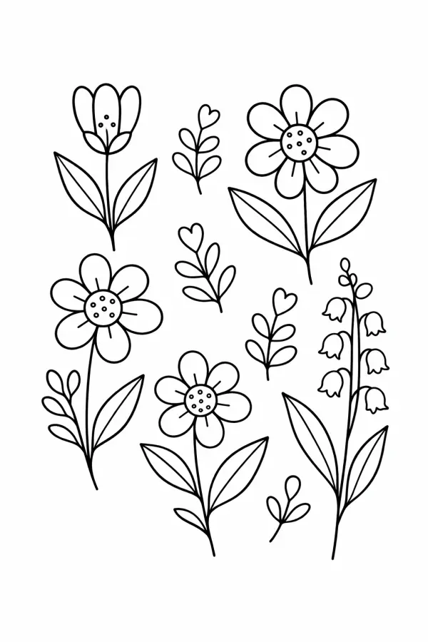 Simple botanical flowers coloring page – free printable floral design for adults