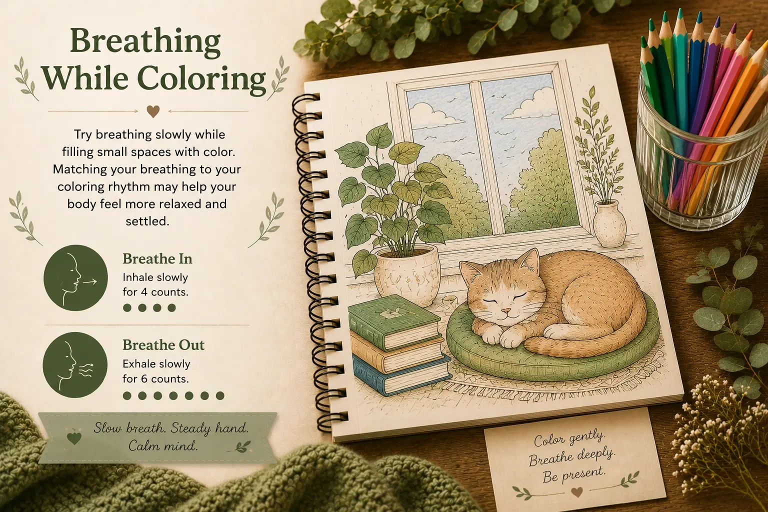 Mindful breathing while coloring technique for stress relief featuring cozy adult coloring pages, calming breathing exercises, soft earthy colors, relaxing workspace decor, and a peaceful sleeping cat illustration.
