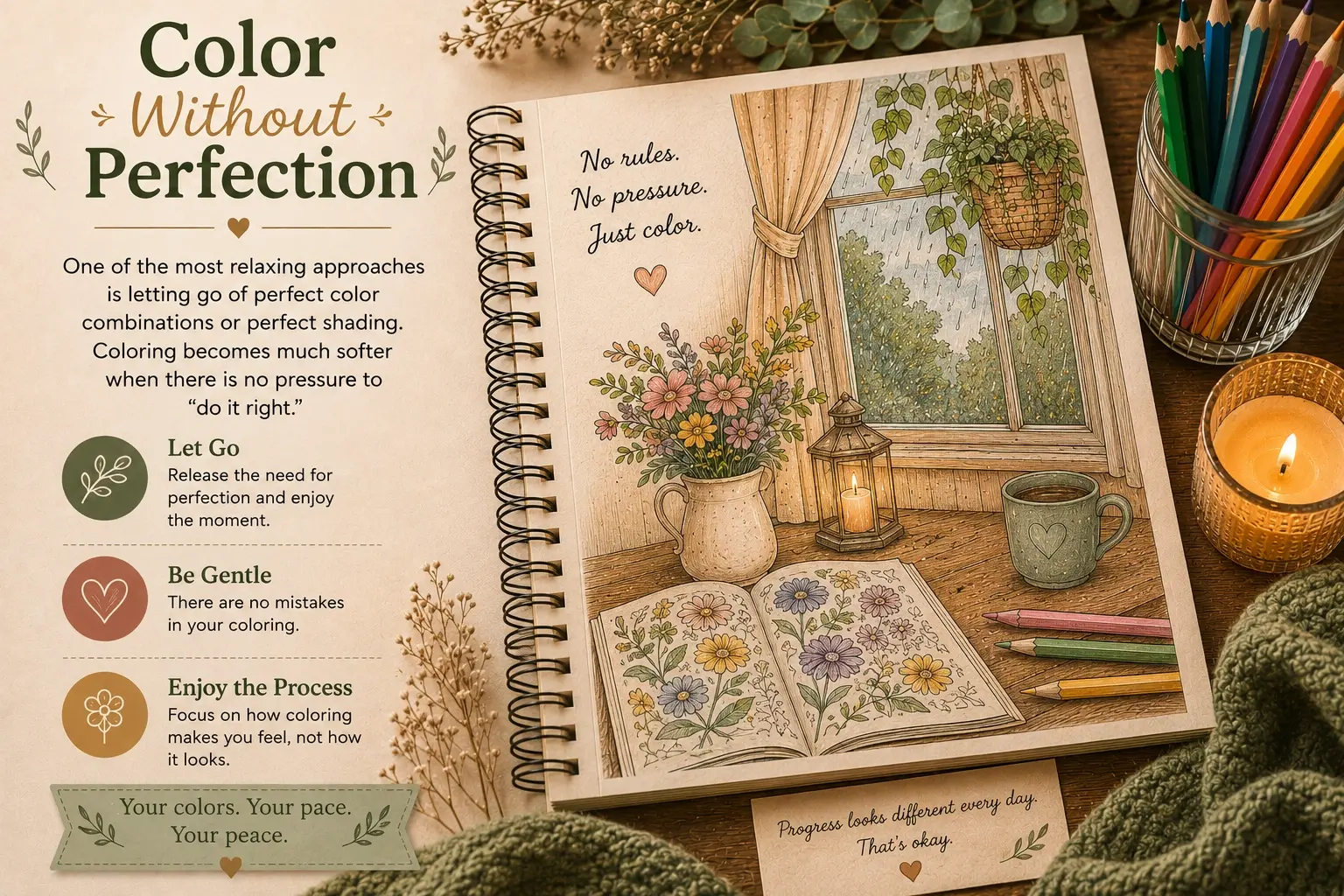 Coloring without perfectionism for stress relief featuring cozy coloring pages, relaxing cottagecore workspace, soft earthy tones, rainy window atmosphere, and mindful coloring without pressure or perfection.