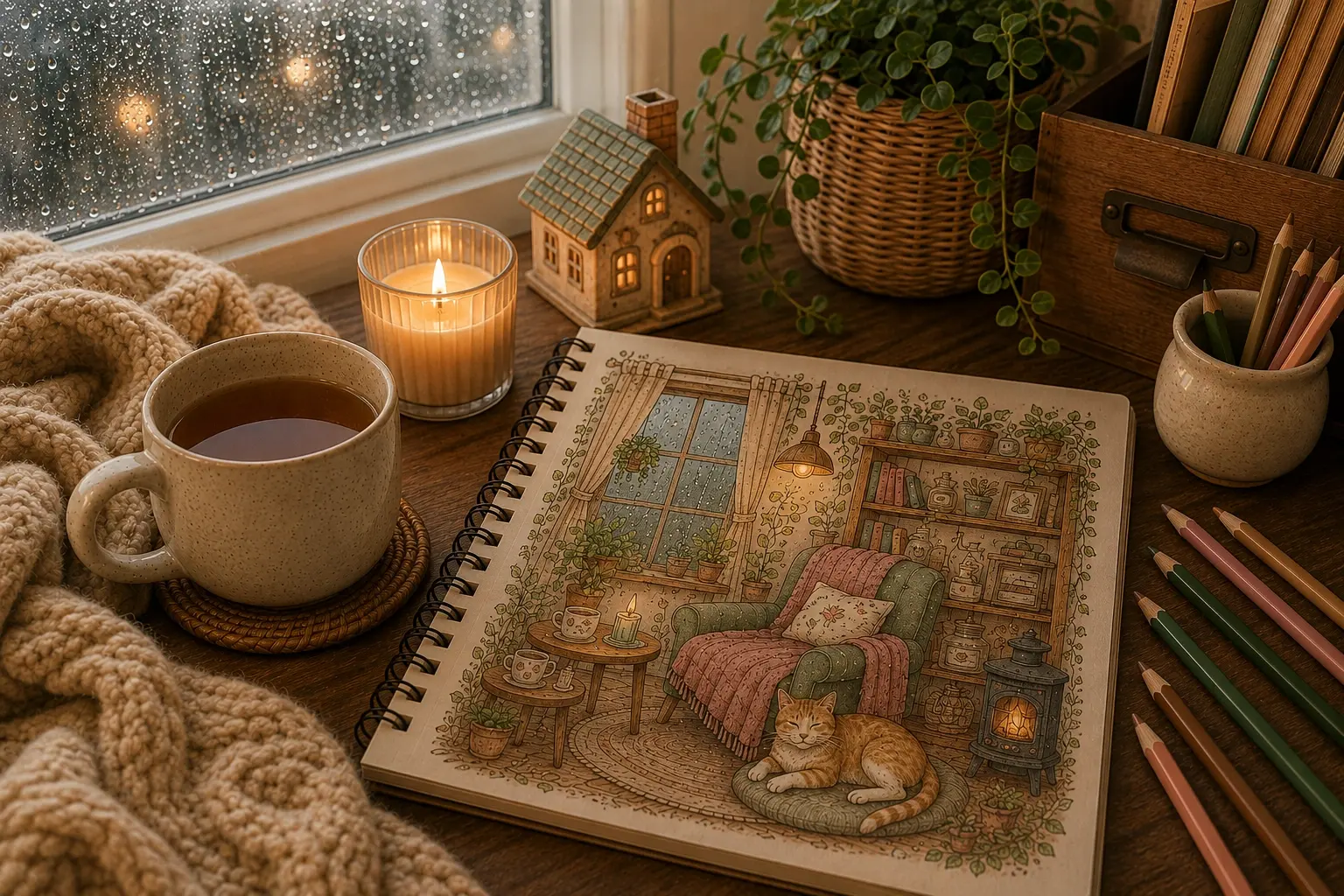 Cozy coloring comfort scene featuring a rainy window, warm tea, candlelight, cottagecore workspace, and a hand-colored relaxing coloring page with visible pencil strokes.