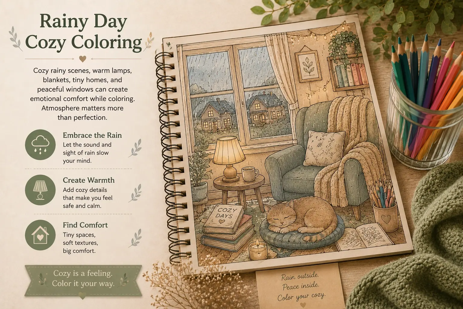 Cozy rainy-day coloring atmosphere for stress relief featuring rainy window scenes, warm lamps, soft blankets, tiny homes, peaceful coloring pages, and relaxing cottagecore coloring inspiration.