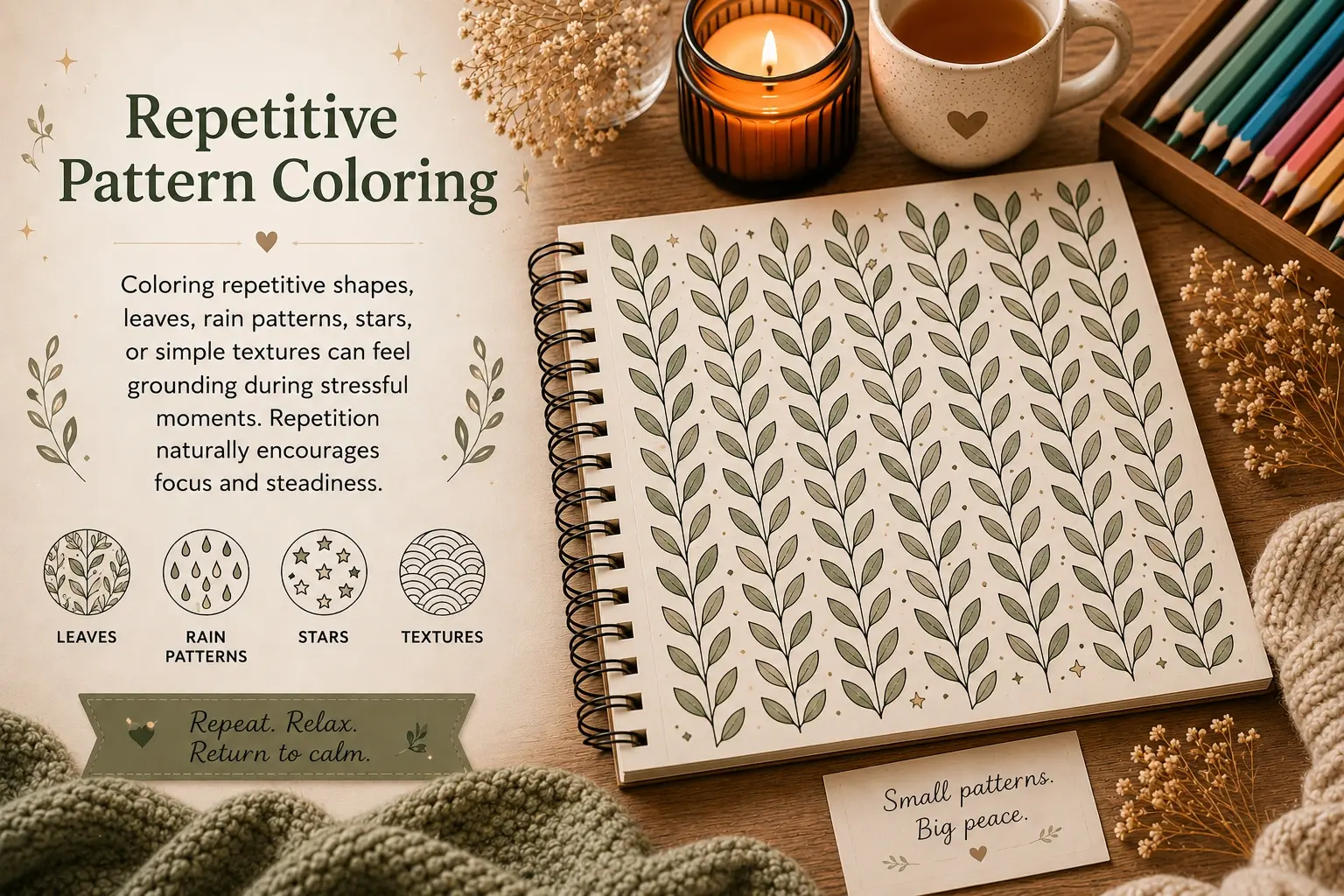 Repetitive pattern coloring for stress relief featuring calming leaf patterns, cozy earthy tones, relaxing repetitive textures, and mindful adult coloring in a peaceful cozy workspace.