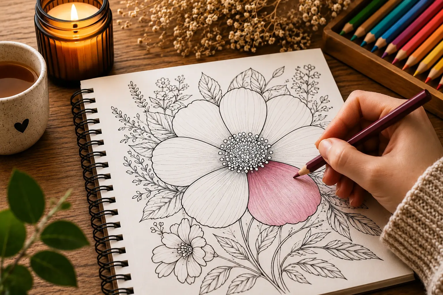 Slow mindful coloring technique for stress relief featuring a cozy floral coloring page, warm candlelight, soft pink pencil shading, and peaceful adult coloring in a relaxing workspace.