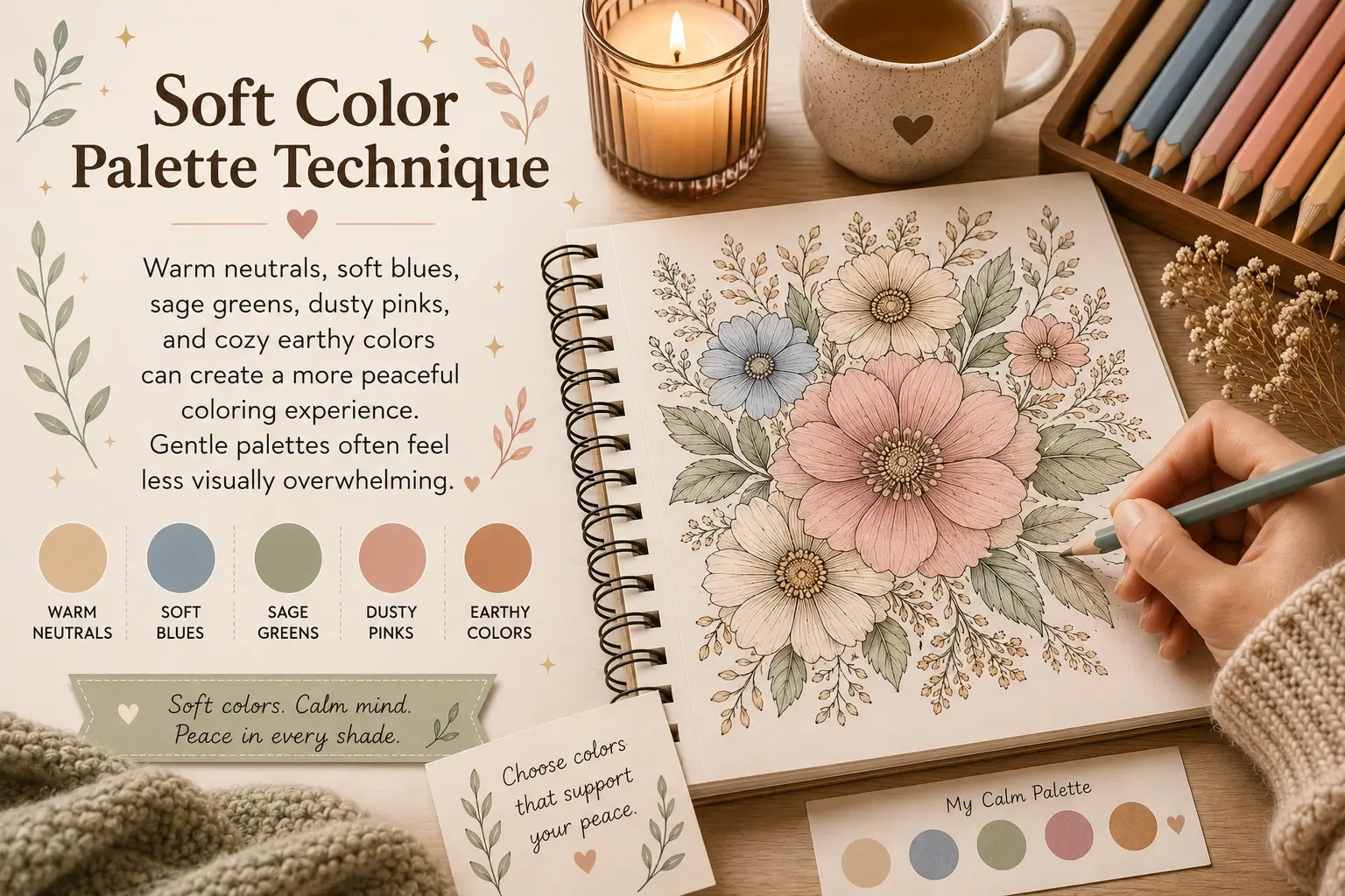 Soft relaxing color palette technique for stress relief coloring featuring cozy pastel floral coloring pages, warm neutral tones, sage green pencils, dusty pink flowers, and calming adult coloring inspiration.