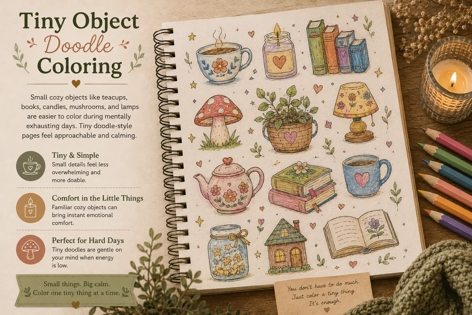 Tiny doodle object coloring for stress relief featuring cozy doodle-style coloring pages with teacups, books, candles, mushrooms, lamps, and tiny cottagecore objects colored in a soft relaxing style.