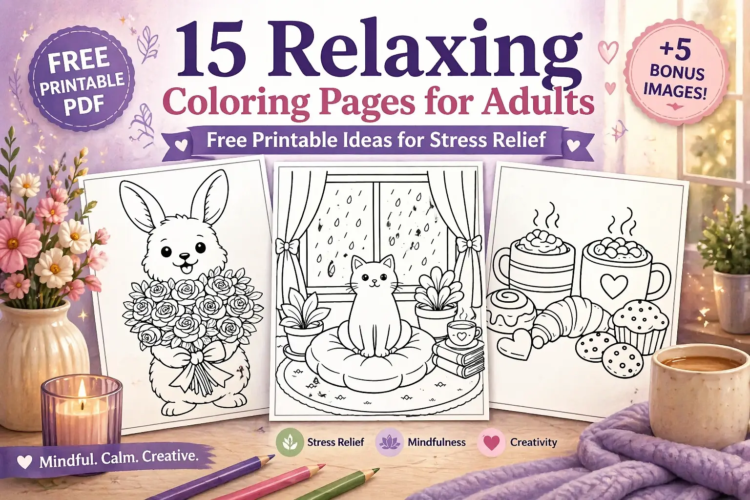 free printable relaxing coloring pages for adults cozy aesthetic coloring book pdf with cute animals and stress relief designs