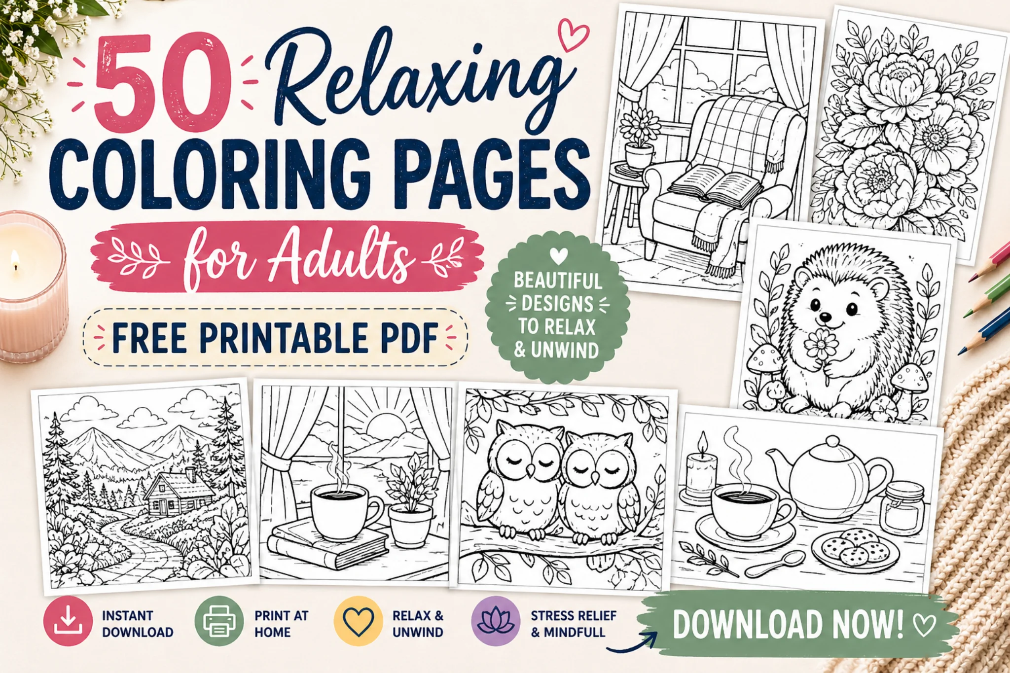 50 Relaxing Coloring Pages for Adults (Free Printable PDF for Stress ...