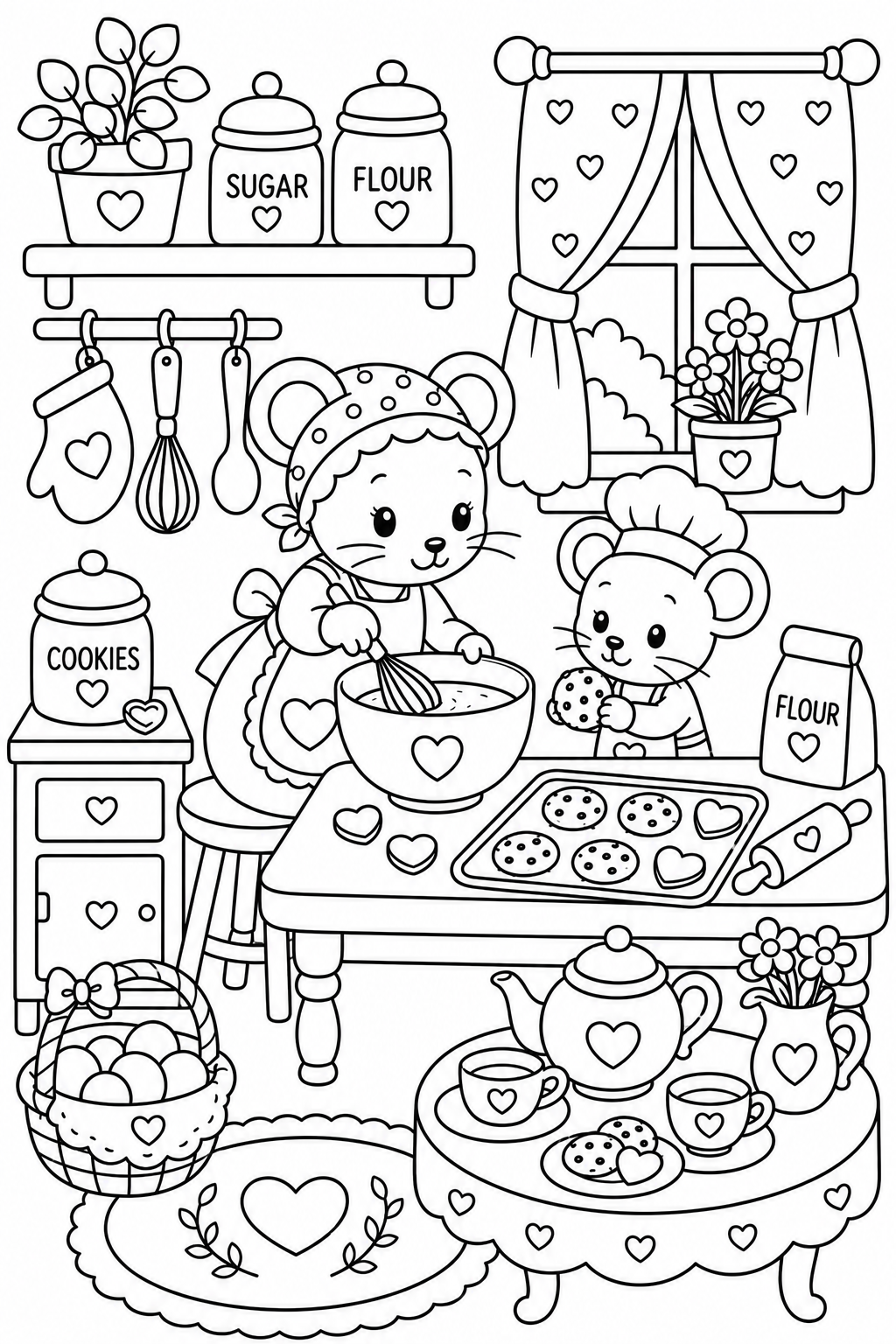 Cozy baking mouse coloring page making cookies in a cottage kitchen