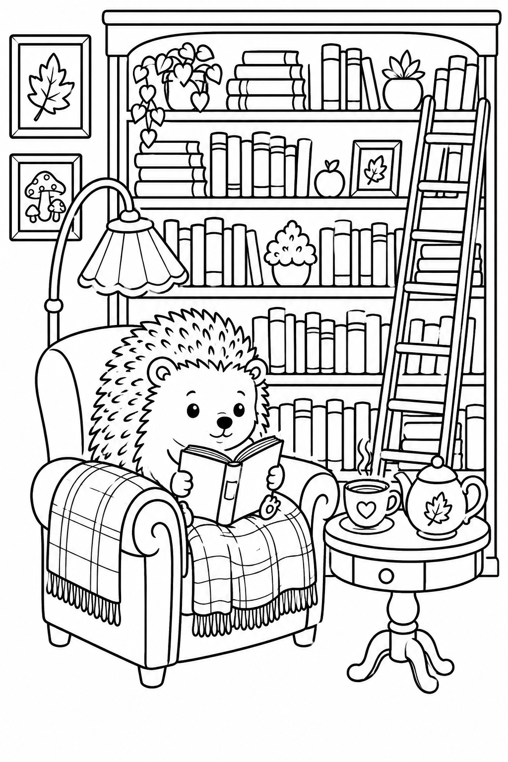 Cozy hedgehog reading coloring page in a home library filled with books