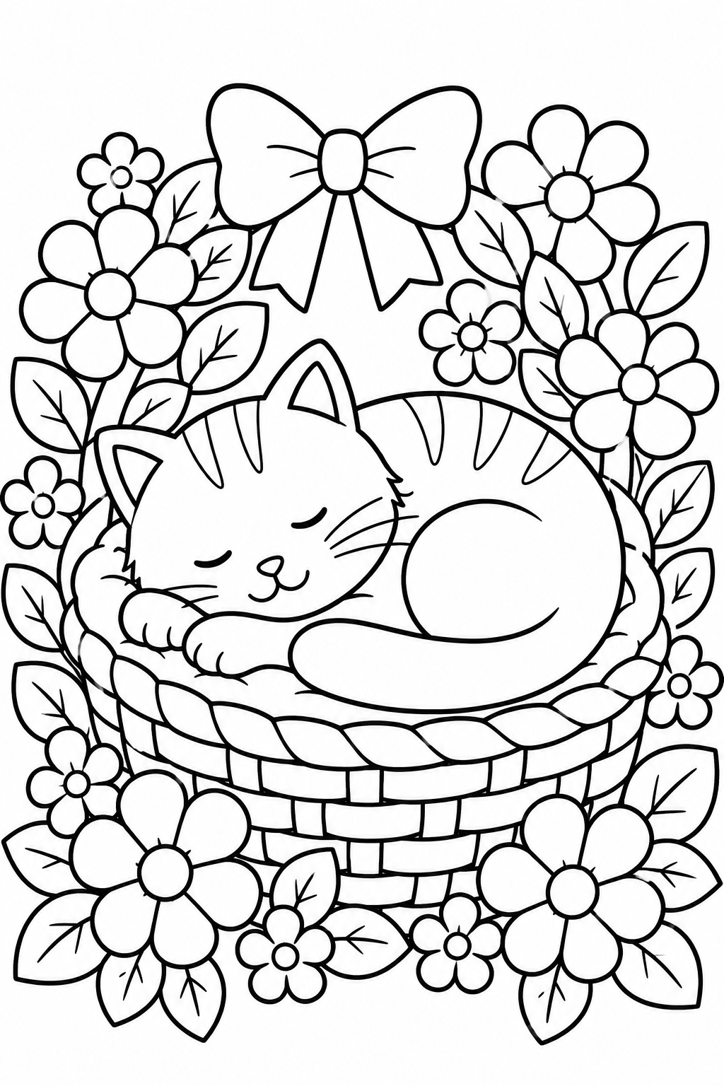 Sleeping cat coloring page resting beside flowers in a cozy cottage scene