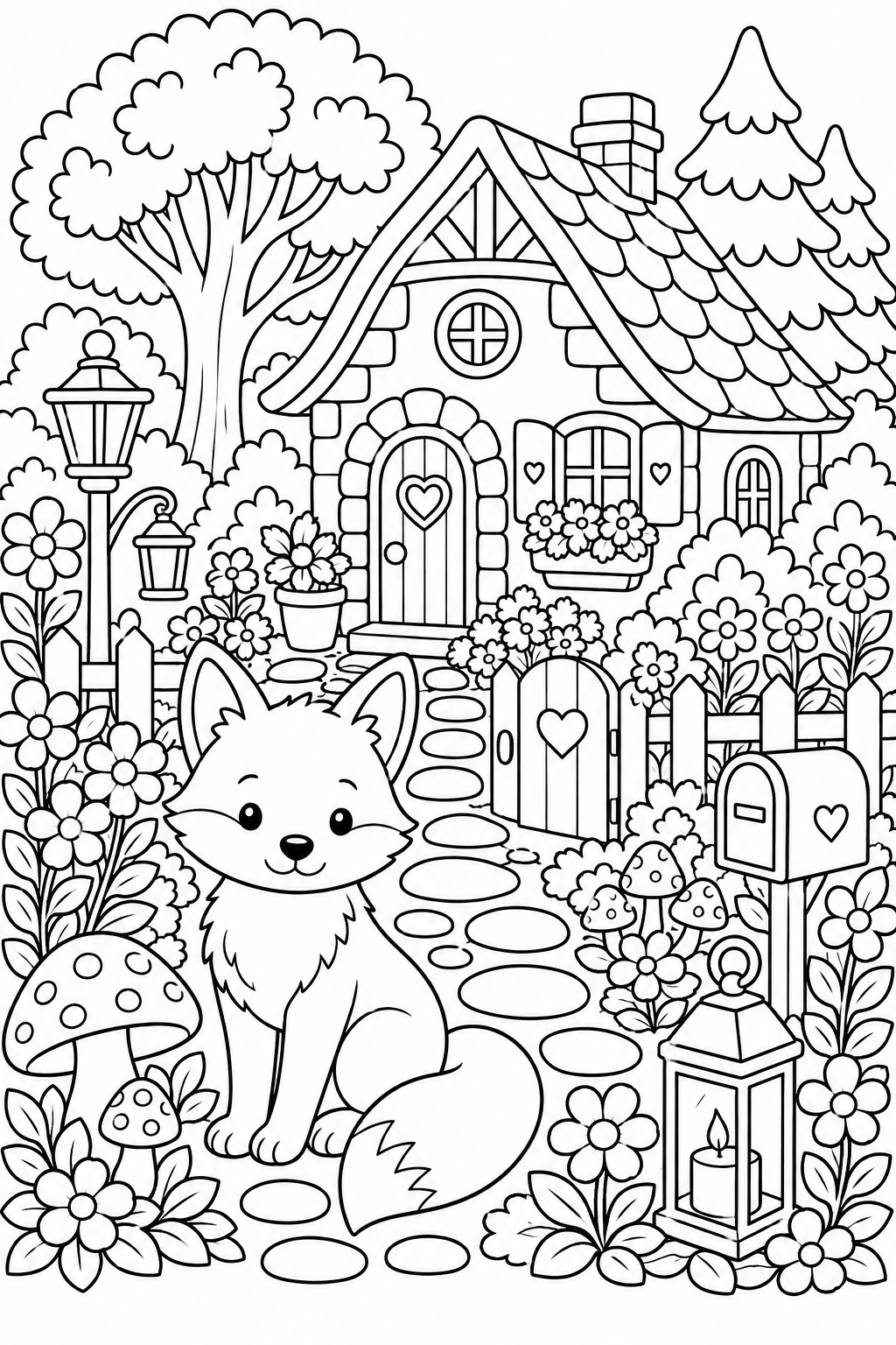Woodland fox coloring page in a cozy cottage surrounded by nature