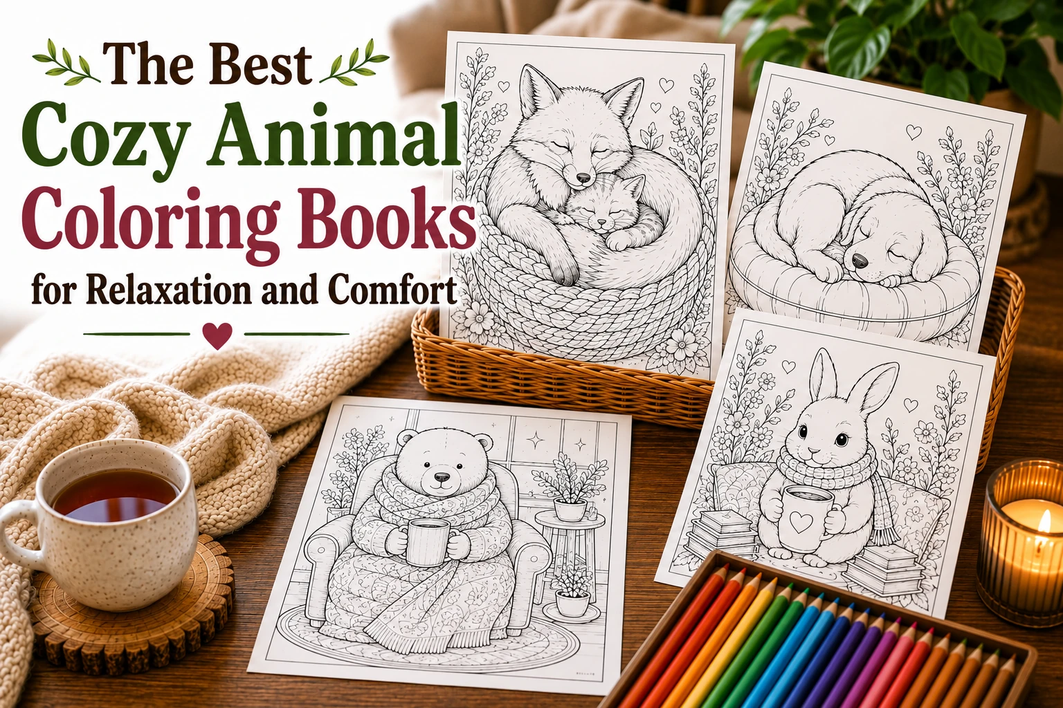 Cozy animal coloring book page with cute animals, blankets, books, and warm relaxing details