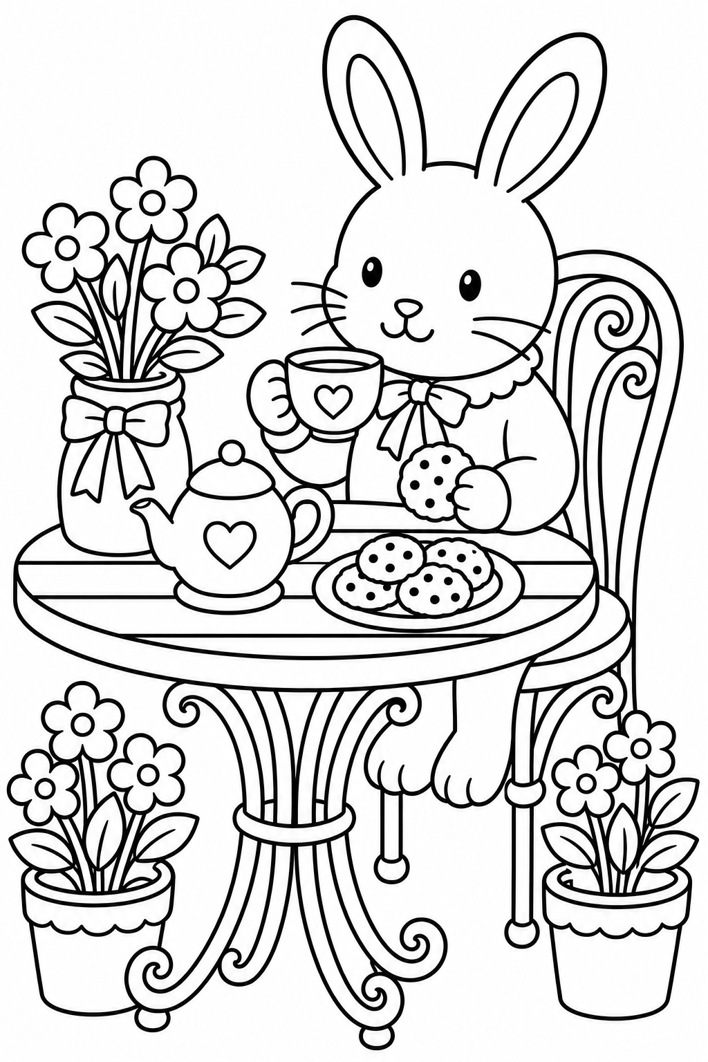 Cute rabbit tea party coloring page in a cozy garden with flowers and tea set