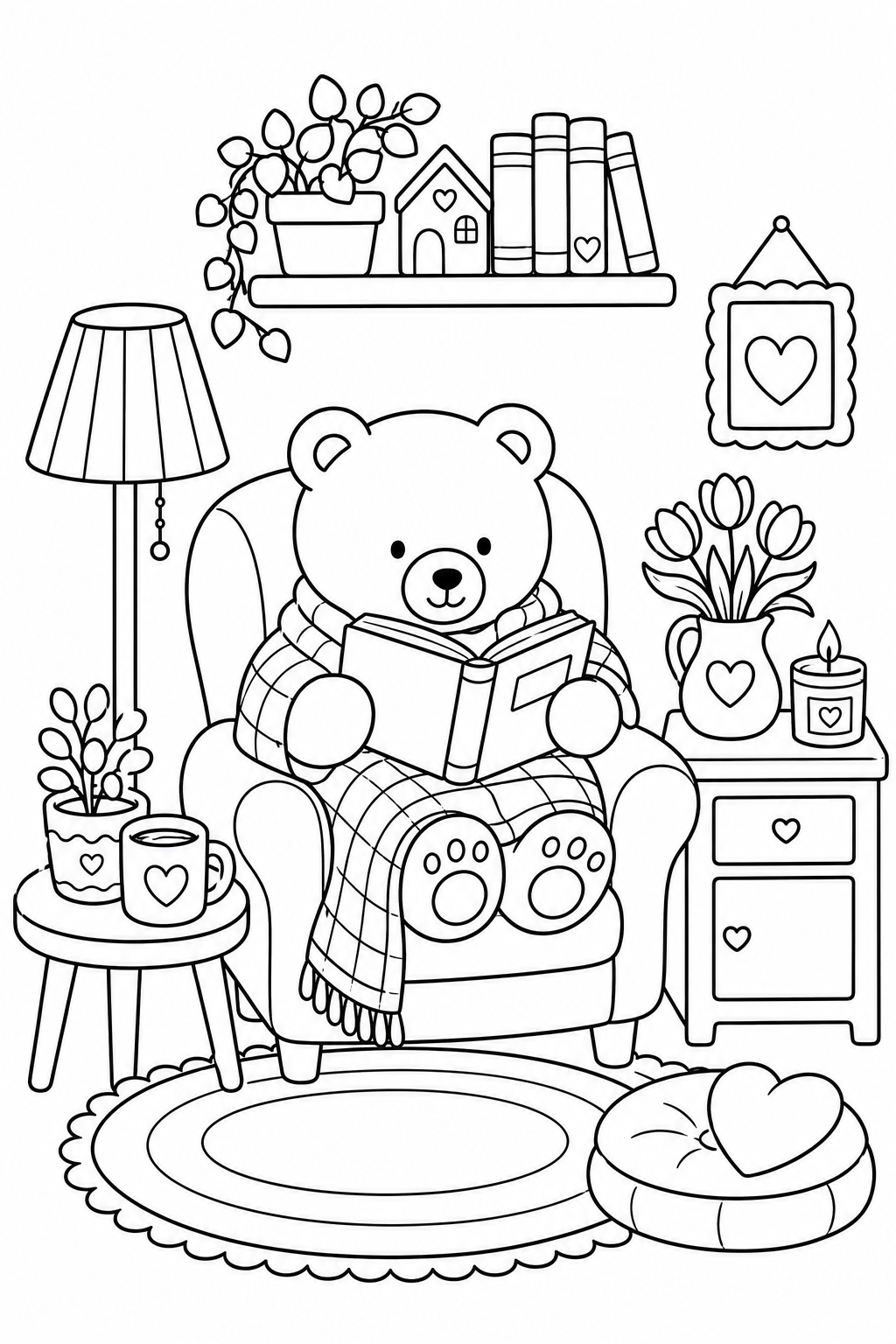 Cute reading bear coloring page in a cozy library with books and warm cottage decor