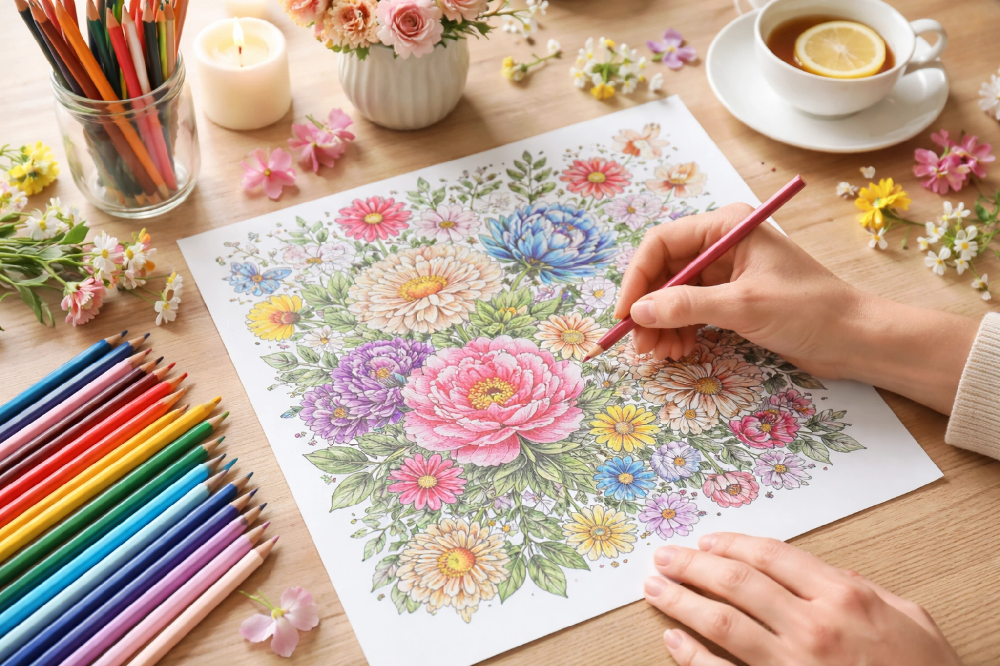 Close-up of a person coloring an intricate floral mandala for mindfulness and stress relief