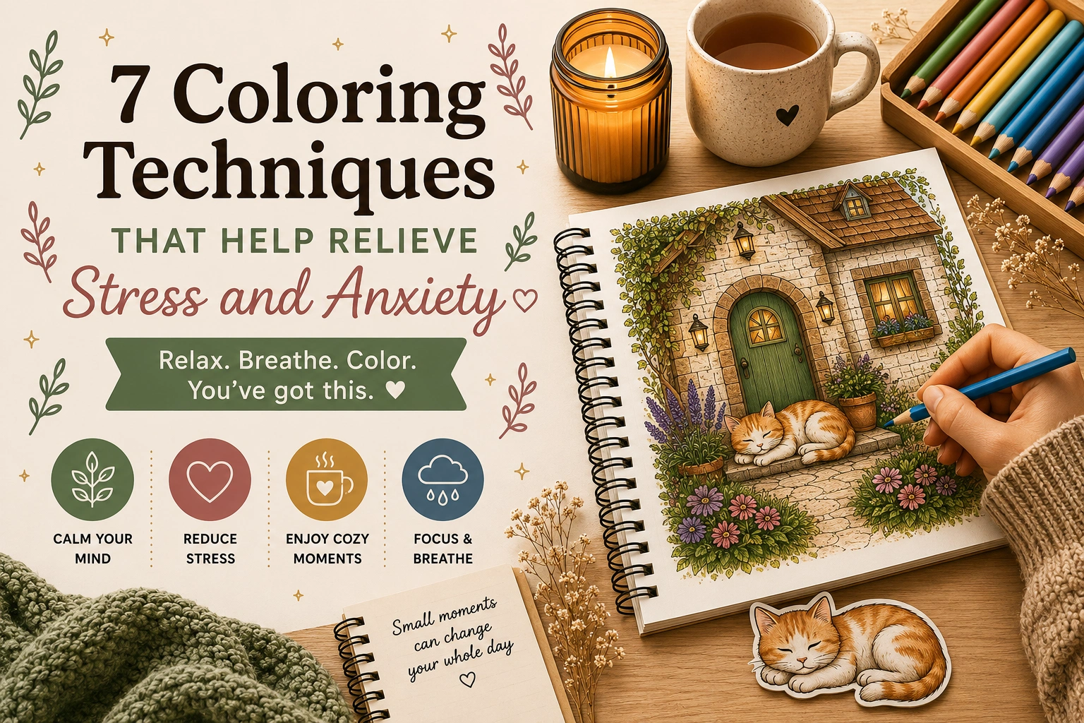 Relaxing cozy coloring page with calming objects and warm aesthetic