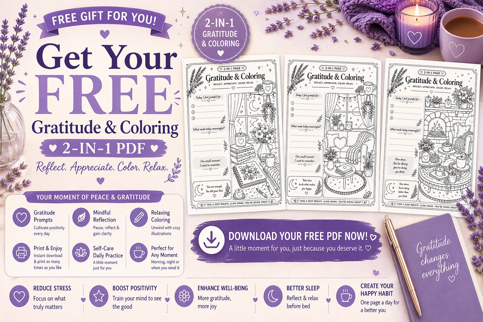 Free Gratitude Coloring PDF Printable Cozy Journal Page