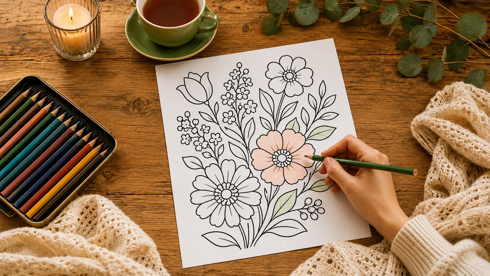 Adult coloring activity supporting mindfulness, relaxation and mental well-being