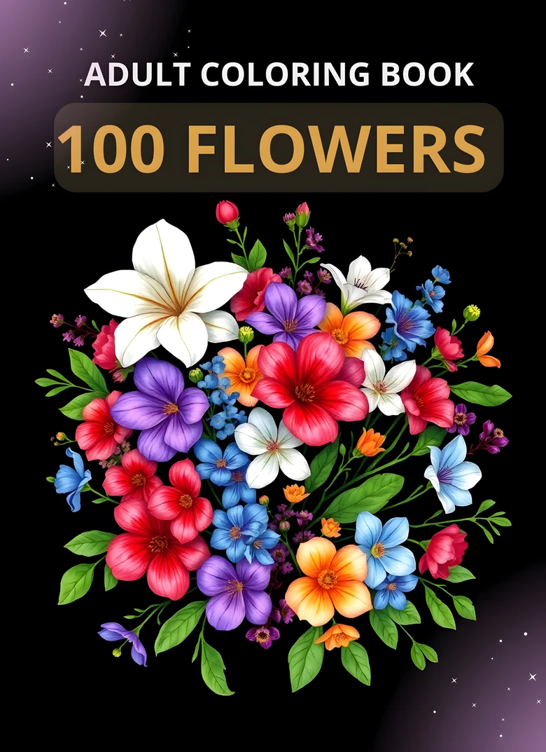 100 Flowers — Adult Coloring Book cover: vibrant mixed bouquet on black background