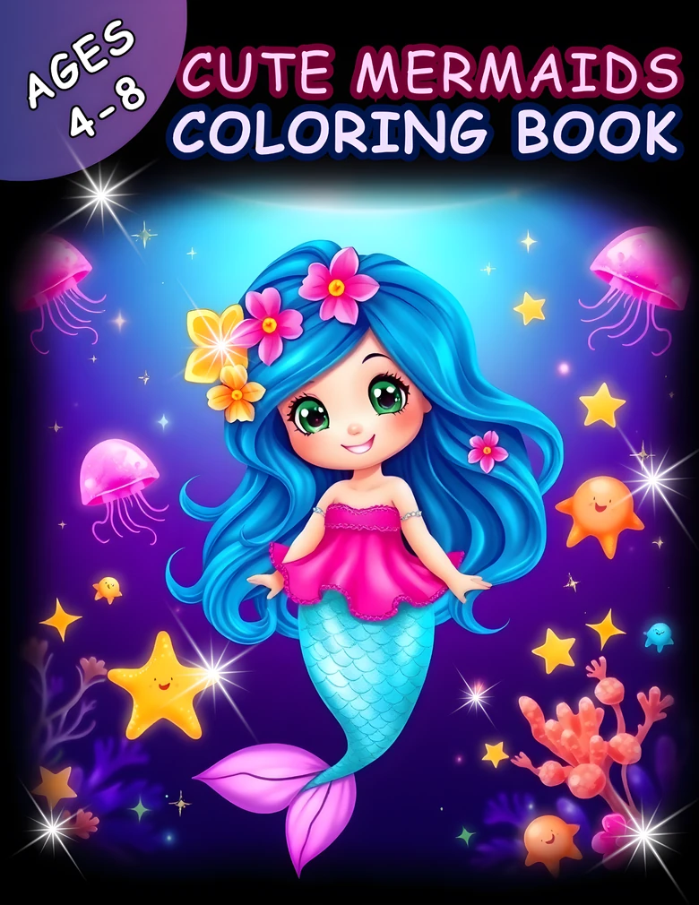 Cute Mermaids Coloring Book cover — kawaii mermaid with blue hair, stars, jellyfish and sea friends