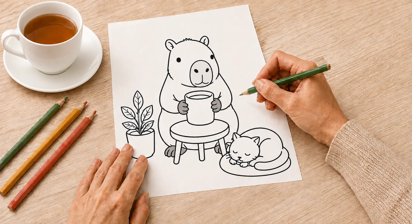 Adult coloring a cozy capybara and sleeping cat page with colored pencils and tea