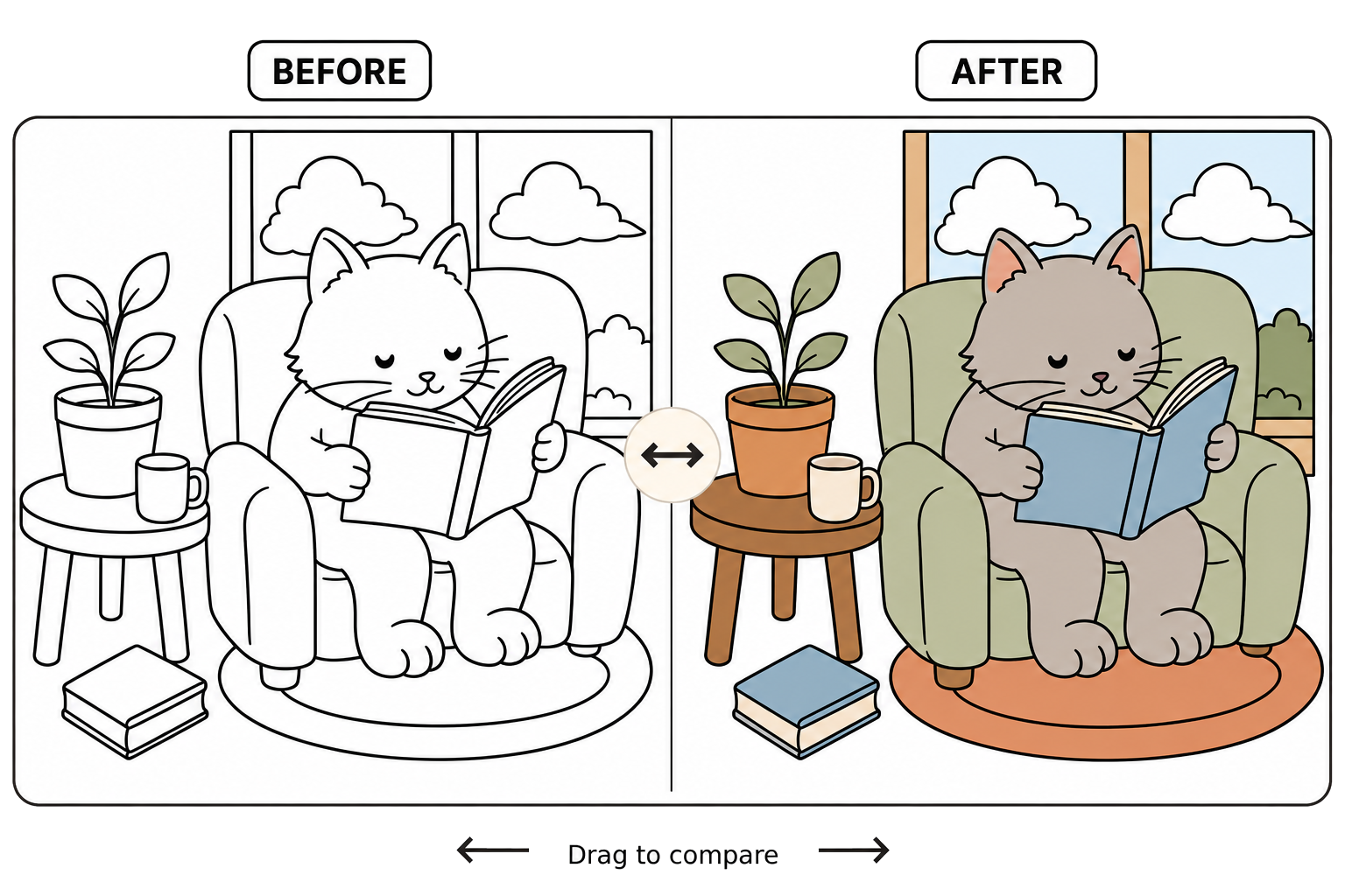 Before and after of a cozy cat coloring page with a reading nook