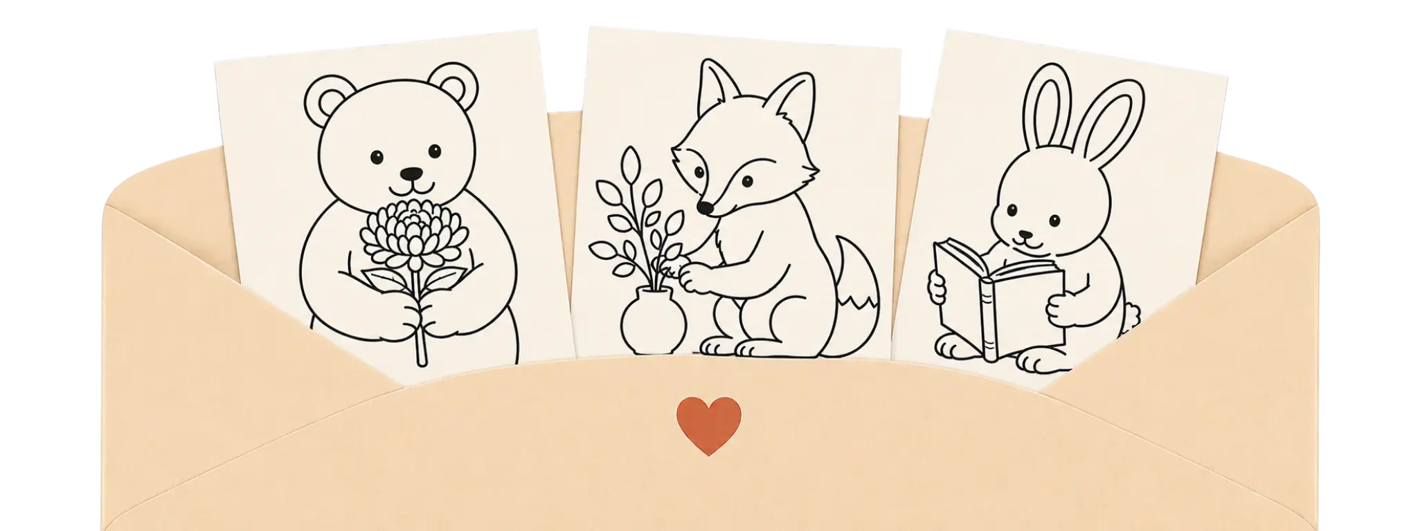 Cozy animal coloring pages featuring a bear, fox and bunny inside an envelope