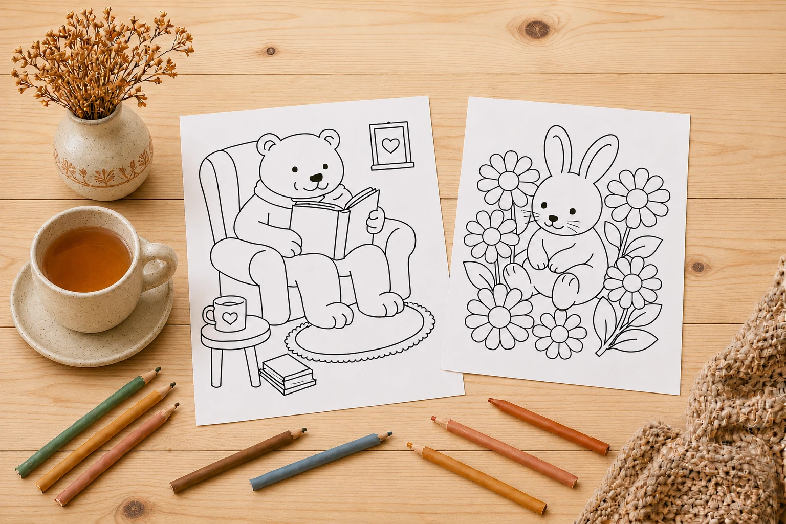 Cozy animal coloring pages featuring a bear reading and a bunny journaling beside tea and colored pencils.